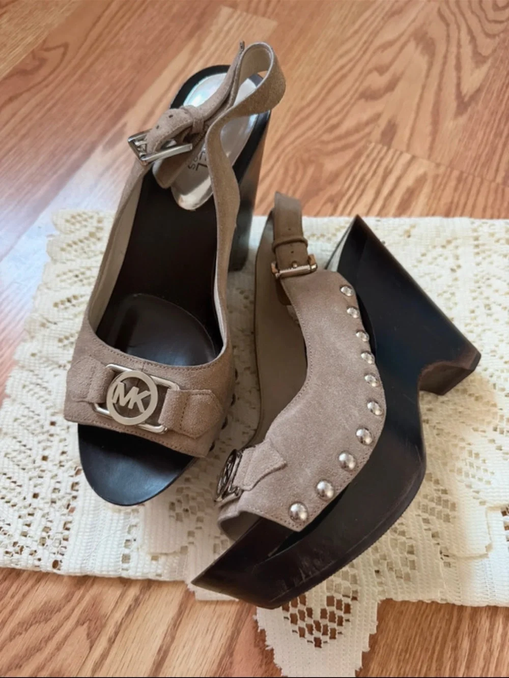 Michael Kors peep toe studded wedge suede